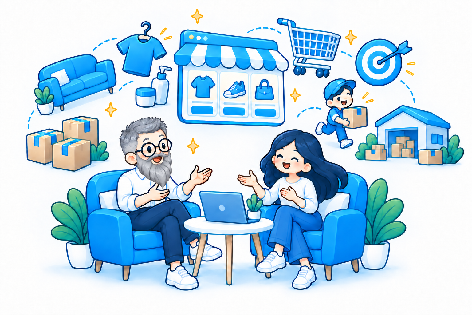 Двое беседуют об e-commerce. Над ними интернет-магазин, одежда, косметика, мебель, корзина, рекламная мишень, курьер, склад и коробки.
